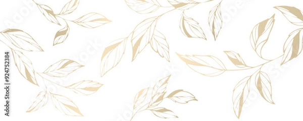 Fototapeta Banner with golden branches and leaves on transparent background. Luxury vector botanical background