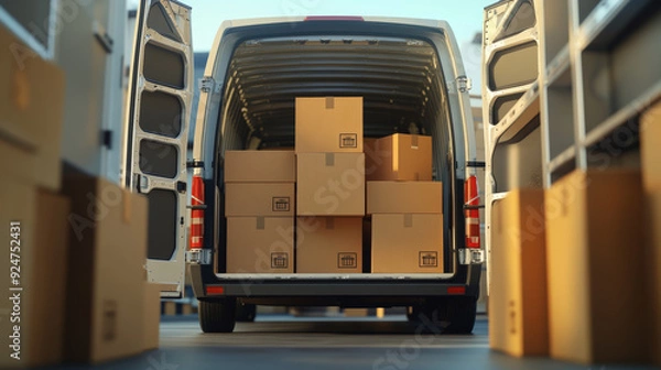 Fototapeta  A 3D illustration depicting a stack of cardboard boxes positioned near the open rear door of a cargo van. This visual emphasizes the process of cargo distribution and transportation, 