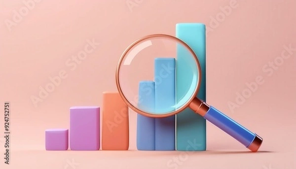 Fototapeta A colorful 3D graph with a magnifying glass highlighting data analysis and growth trends in a peach background.