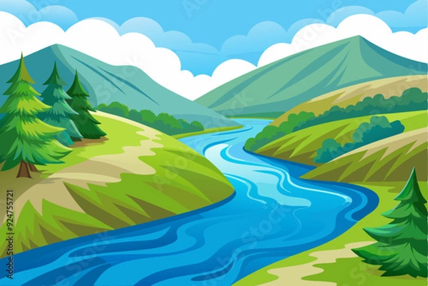Fototapeta Serene Mountain River Landscape with Lush Greenery