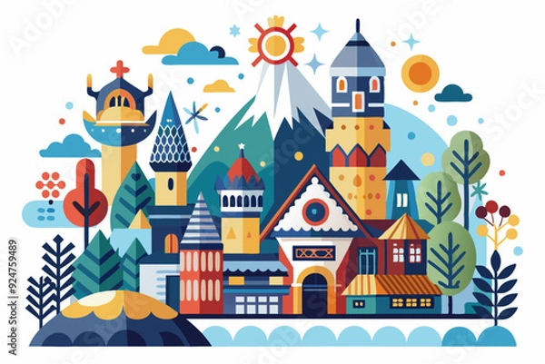 Fototapeta A Vibrant, Geometrically-Designed Cityscape with Mountain and Sun