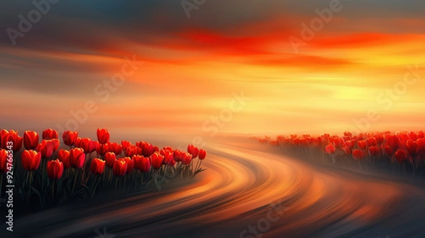 Obraz Vibrant Red Tulips Along a Serene Curved Path at Sunset