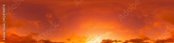 Fototapeta 360 panorama of glowing sunset sky with bright pink Cirrus clouds. HDR 360 seamless spherical panorama. Full zenith or sky dome sky replacement for aerial drone panoramas. Climate and weather change.
