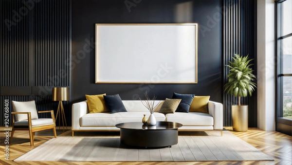 Fototapeta Modern Design Room with Black Walls Decorated with Panels, Sofa and Armchair, White Wall Banner, Palm Tree in Tub, Multi-Colored Pillows, Magazine Slab, Gold Floor Lamp
