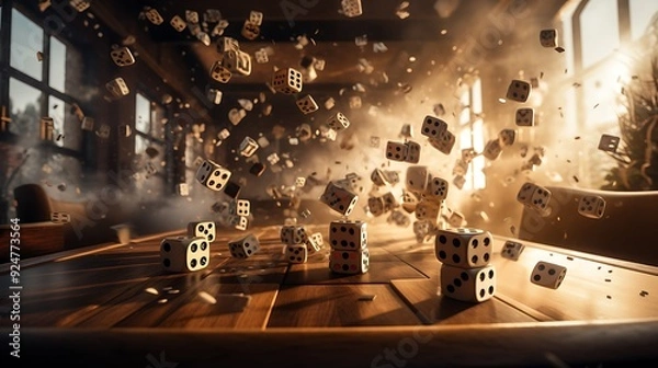 Fototapeta A dramatic shot capturing the moment of impact as dice hit the table, conveying the intensity and excitement of a game.