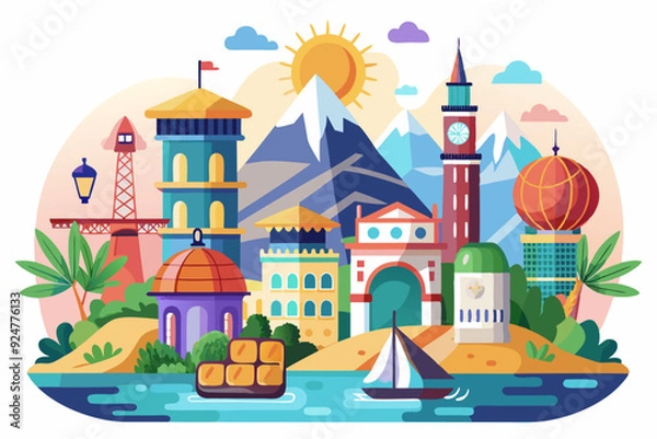 Fototapeta A Colorful Cityscape with a Mountain, Buildings, and a Sailboat