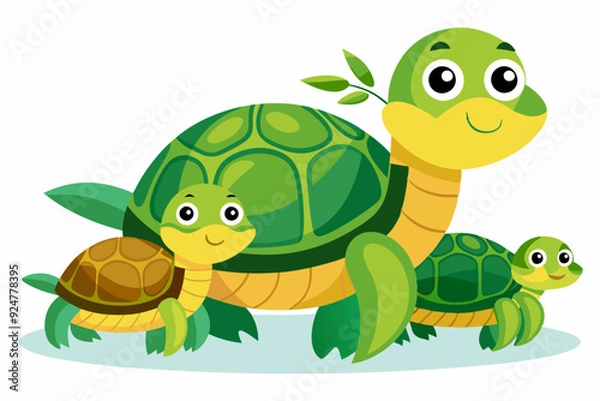 Fototapeta A Family of Three Cartoon Turtles with Green Shells