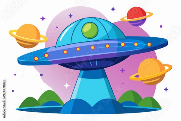 Fototapeta Cartoon Spaceship Landing on a Planet with Rings
