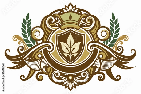 Fototapeta Ornate Shield Crest with Floral Elements and Leaf Motif