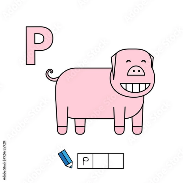 Obraz Alphabet with cute cartoon animals isolated on white background. Learning to write game for children education. Vector illustration of pig and letter P