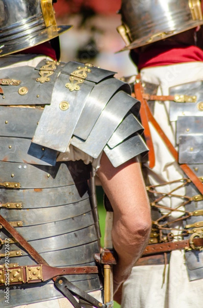 Fototapeta Roman legionaries in metal armor at a historical reenactment event seen from behind