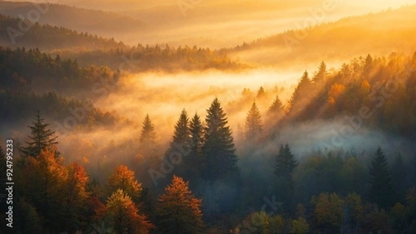 Obraz Foggy misty sunrise in the mountain forest trees. Morning in natural woodland environment, autumn fall foliage landscape, sunset in rural mysterious woods, dawn scenery, sunlight