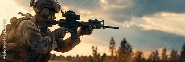 Fototapeta A soldier in camouflage gear aims his rifle in a grassy battlefield, with the sun setting in the background, embodying vigilance and readiness.