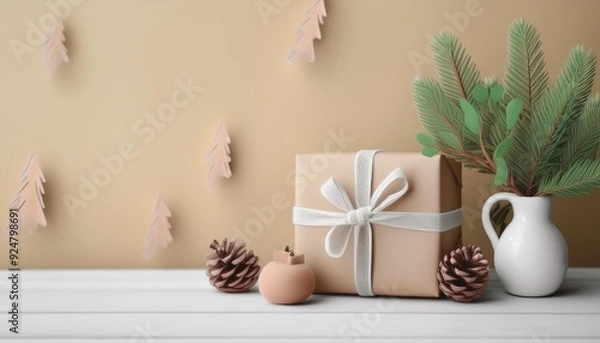 Fototapeta A beautifully wrapped gift sits on a white table, surrounded by pinecones and greenery, creating a cozy festive atmosphere.