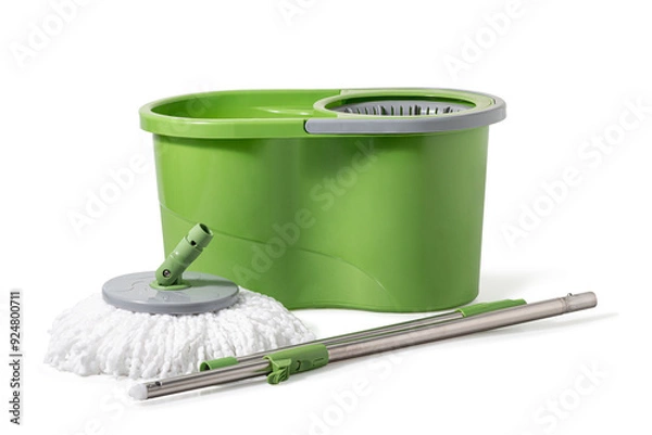 Obraz Green mop bucket cleaning equipment with microfiber mop head. The green handle and swivel base allow easy maneuverability and control during use. isolated on a white background, Clipping path includes
