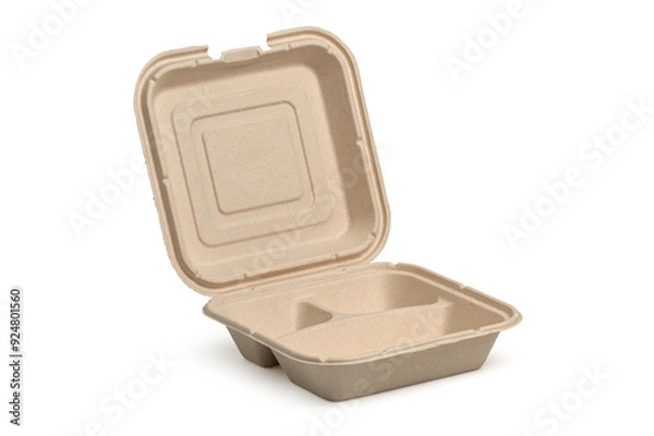 Obraz Molded pulp or fiber clamshell takeout container made of eco-friendly, biodegradable material and has a hinged design that allows to open or close to contain food items, isolated on a white background