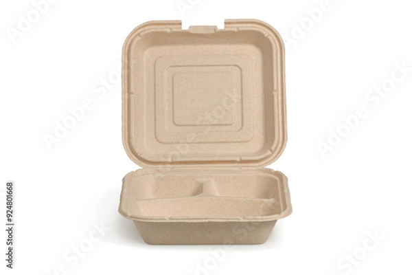 Obraz Molded pulp or fiber clamshell takeout container made of eco-friendly, biodegradable material and has a hinged design that allows to open or close to contain food items, isolated on a white background