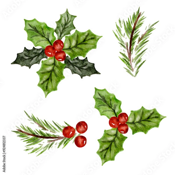 Fototapeta Set of Watercolor Christmas decorations with fir tree, branches and holly berries. Design elements