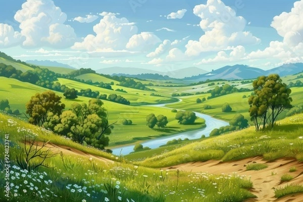 Obraz painting of river running through lush green field, Illustration of romantic sunset over tranquil countryside