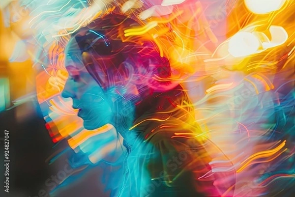 Fototapeta man standing in front of colorful background, vibrant light leak overlay with bold colors and dynamic effects