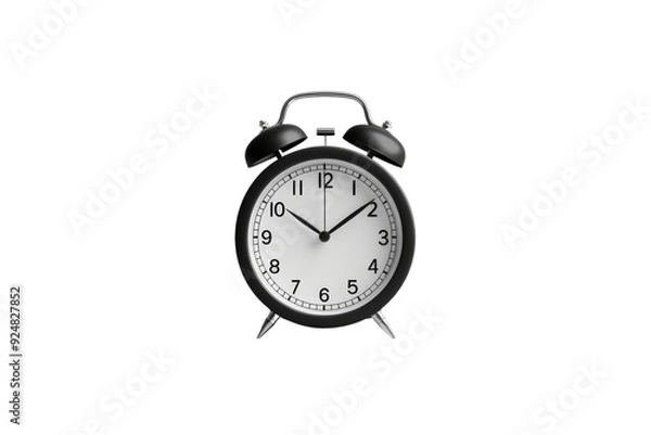 Fototapeta Classic black retro alarm clock with bells on top, isolated on white background, showing 10:10. Perfect for time management concepts.