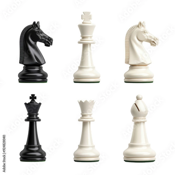 Fototapeta Set of black and white chess pieces including king, queen, bishop, and knight against a white background, perfect for strategy games.