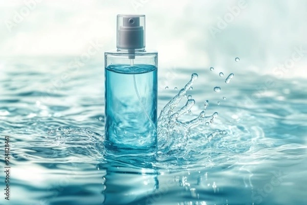 Fototapeta Mockup of a shower gel bottle submerged in clear water with splashes and ripples