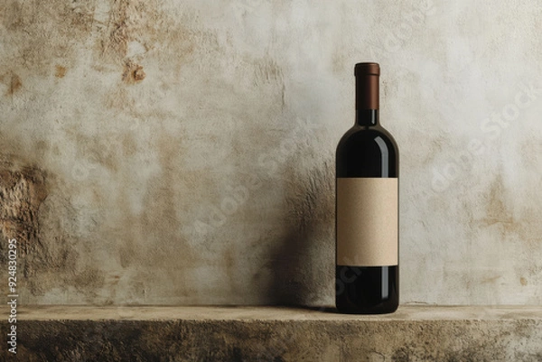 Fototapeta Modern wine bottle mockup with a minimalist label displayed on a rustic stone shelf against a textured wall