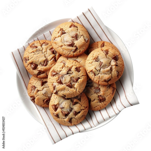 Fototapeta Plate of homemade chocolate chip cookies with a napkin, perfect for a snack or dessert, presented in a top view.