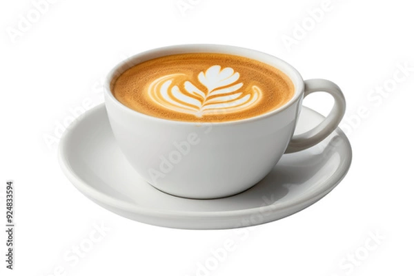 Fototapeta A beautifully crafted cup of latte with intricate latte art served in a white cup and saucer, isolated on a white background.