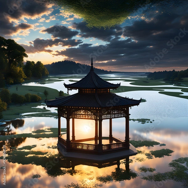 Obraz japanese temple at sunset generative ia	