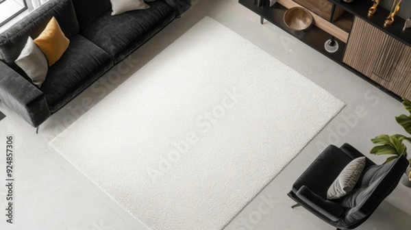 Obraz Rug mockup, top view of a round white rug on a grey concrete floor in a modern home interior with a sofa, high-angle shot