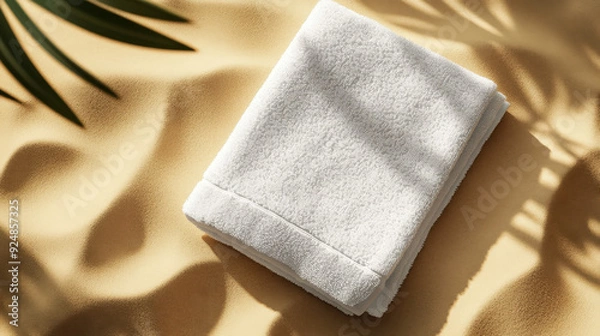 Obraz Towel on the beach in the sand mockup. Summer clean laundry concept