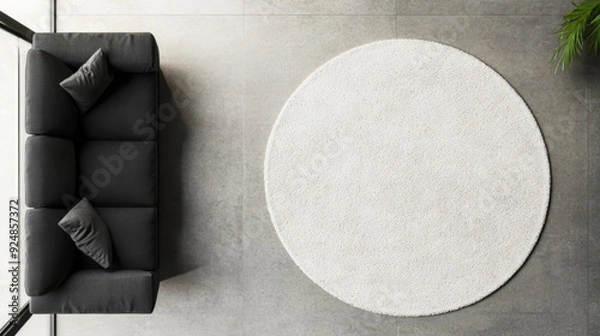 Obraz Rug mockup, top view of a round white rug on a grey concrete floor in a modern home interior with a sofa, high-angle shot