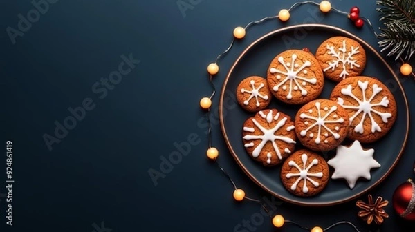 Fototapeta Christmas cookies on a plate, lights illuminating from above
