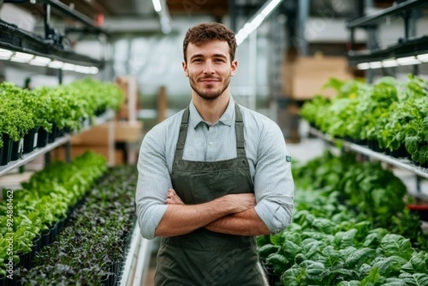 Fototapeta A dynamic portrait of a young agricultural entrepreneur in a smart-casual outfit, standing in an indoor vertical farm, surrounded by neatly arranged rows of growing plants.
