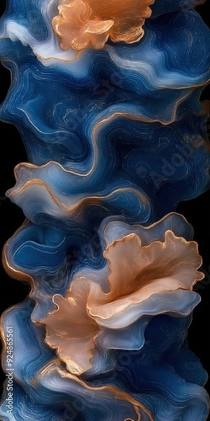 Fototapeta Abstract formation of flowing blue and orange layers resembling ocean waves, creating a dynamic and vibrant visual against a black background, perfect for modern decor.