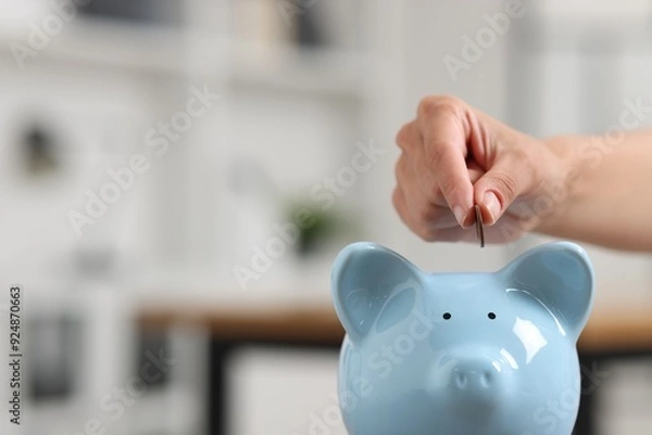 Obraz Woman putting coin into piggy bank against blurred background, closeup. Space for text