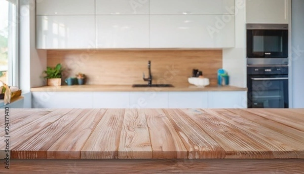 Fototapeta close-up view of an empty wooden table top with a smooth, polished surface, set against a softly blurred kitchen interior that features indistinct shapes and gentle hues, evoking a serene atmosphere