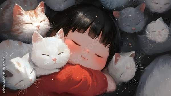 Obraz A Cat Nap Paradise: Sweet dreams abound as a young girl finds comfort and warmth nestled amongst a pile of adorable, slumbering kittens. 