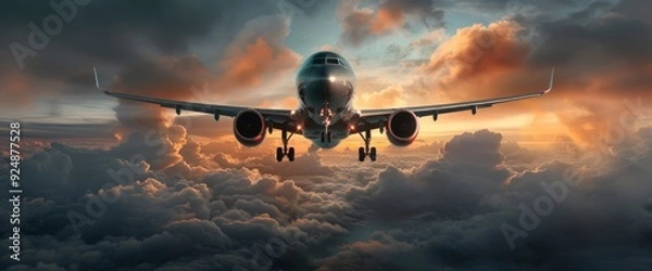 Obraz A Woman Flying As A Passenger In An Airplane, Bathed In Golden Tones, Creating A Warm And Serene Scene