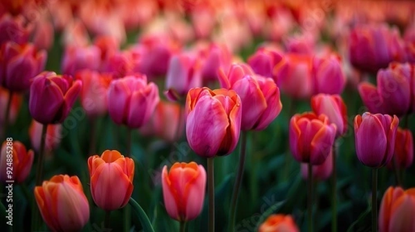 Obraz Tulip Field. Rows of Pink, Red, and Orange Blossoming Tulips in Cultivated Field