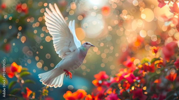 Fototapeta A white dove with outstretched wings flies through a garden of red flowers, bathed in golden sunlight