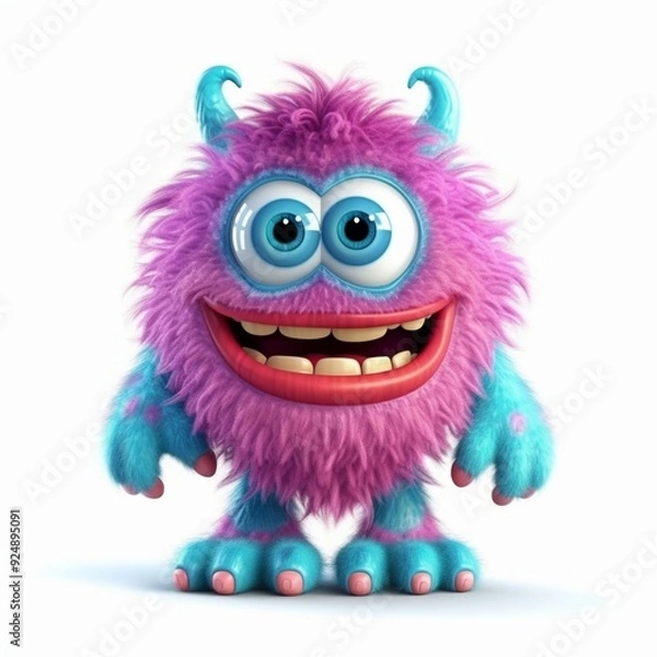 Fototapeta Colorful cartoon monster with fluffy purple and blue fur, large eyes, and a cheerful expression stands against a white background