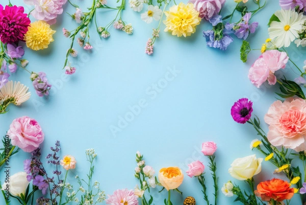 Fototapeta Colorful flowers frame a pastel blue background, perfect for springtime greeting cards.