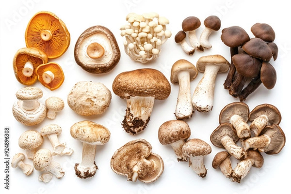 Fototapeta A variety of fresh mushrooms on a white background.