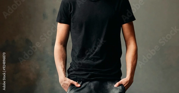 Fototapeta Close-up of a man wearing a plain black t-shirt against a dark background, perfect for fashion, apparel marketing, or product mockups, emphasizing simplicity and versatility in branding and promotiona