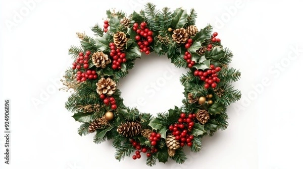 Fototapeta Christmas wreath decorated with pine cones, red berries, and golden ornaments on white background