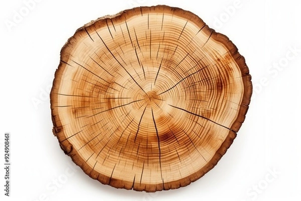 Fototapeta Cross section of tree trunk showing growth rings isolated on white background.