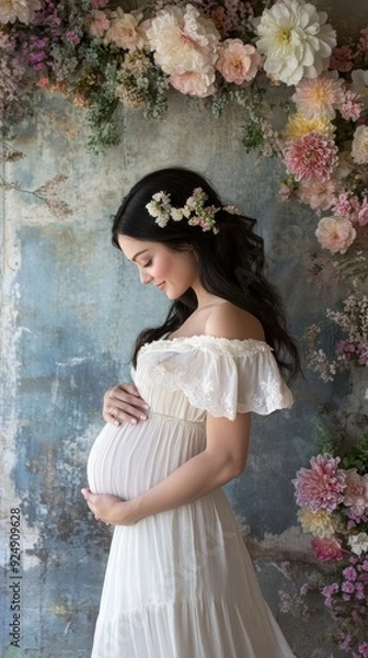 Fototapeta Pregnant woman wearing flower crown holding belly